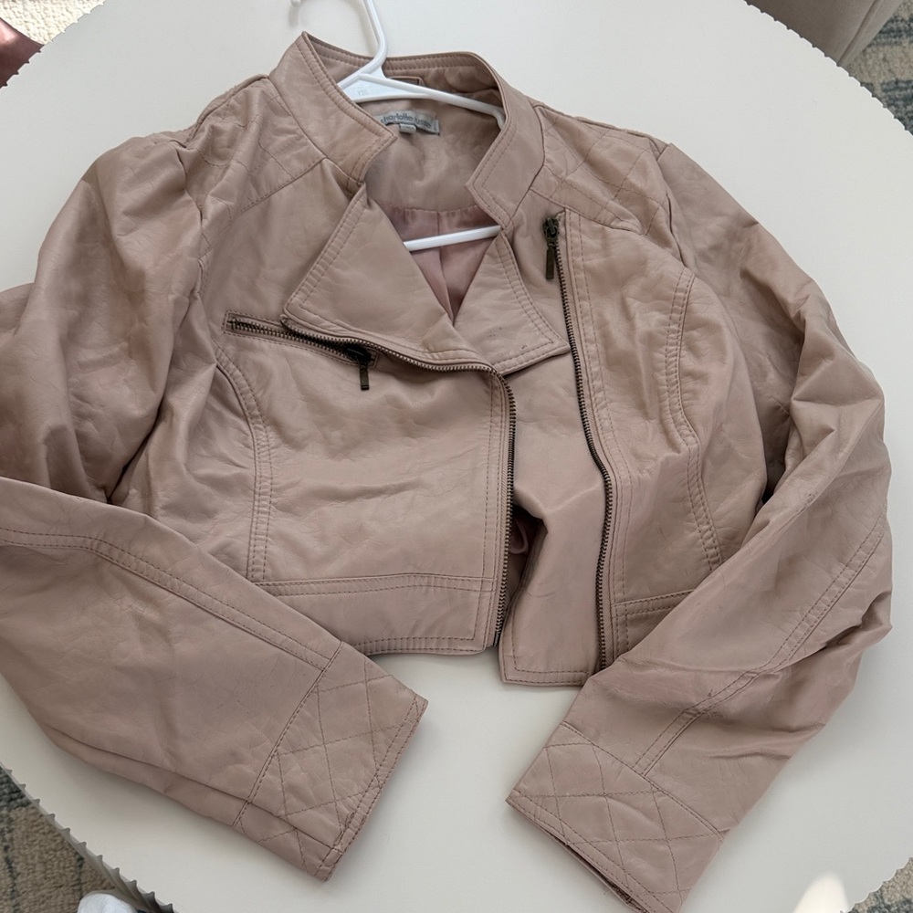 Womens Blush Pink Cropped Moto Jacket
